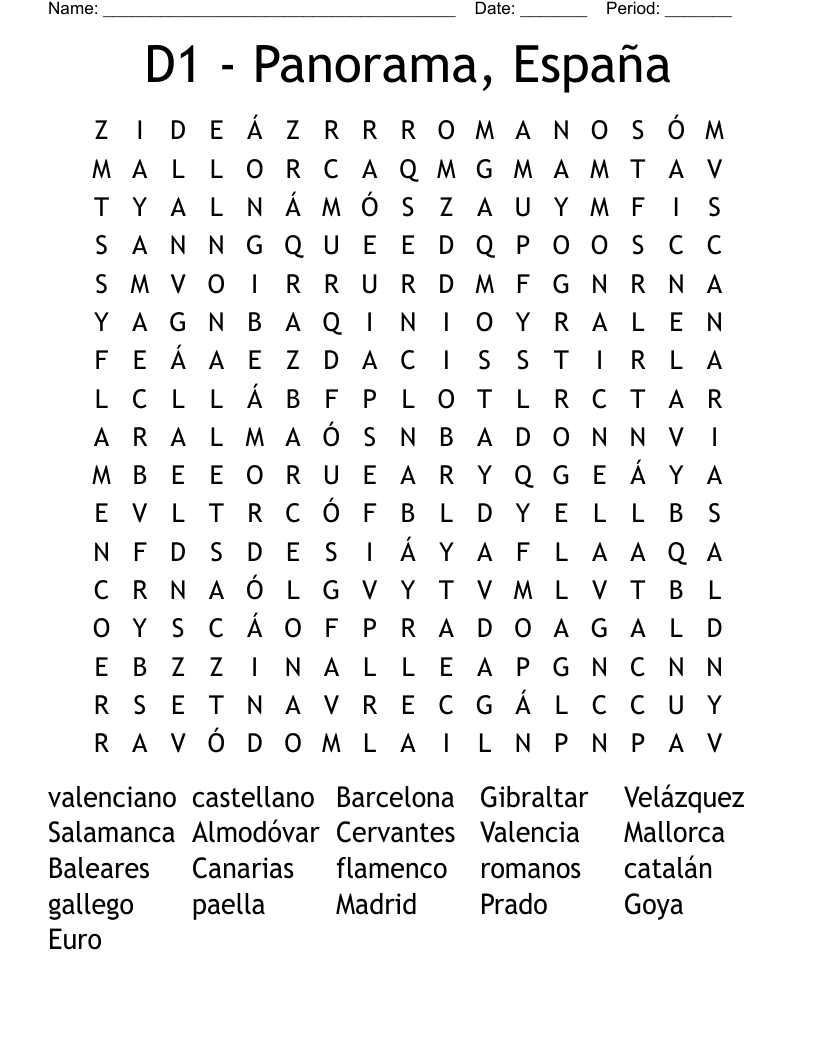 D1 - Panorama, España Word Search