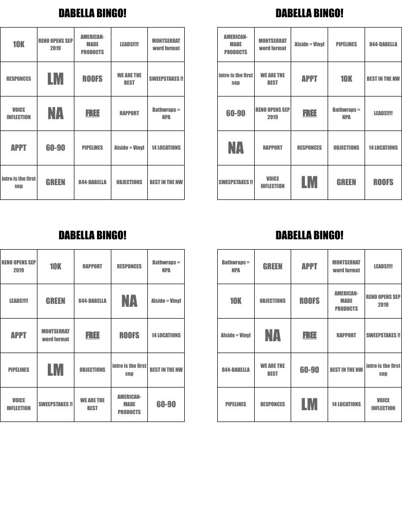 DABELLA BINGO!
