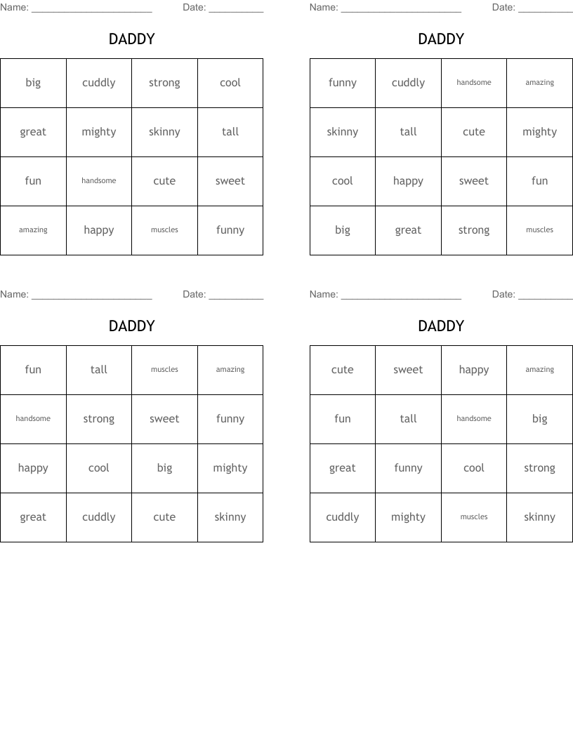 DADDY Bingo Cards