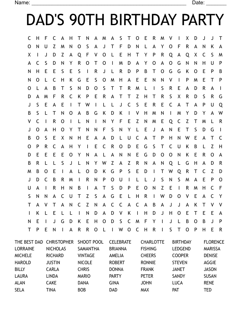 DAD'S 90TH BIRTHDAY PARTY Word Search