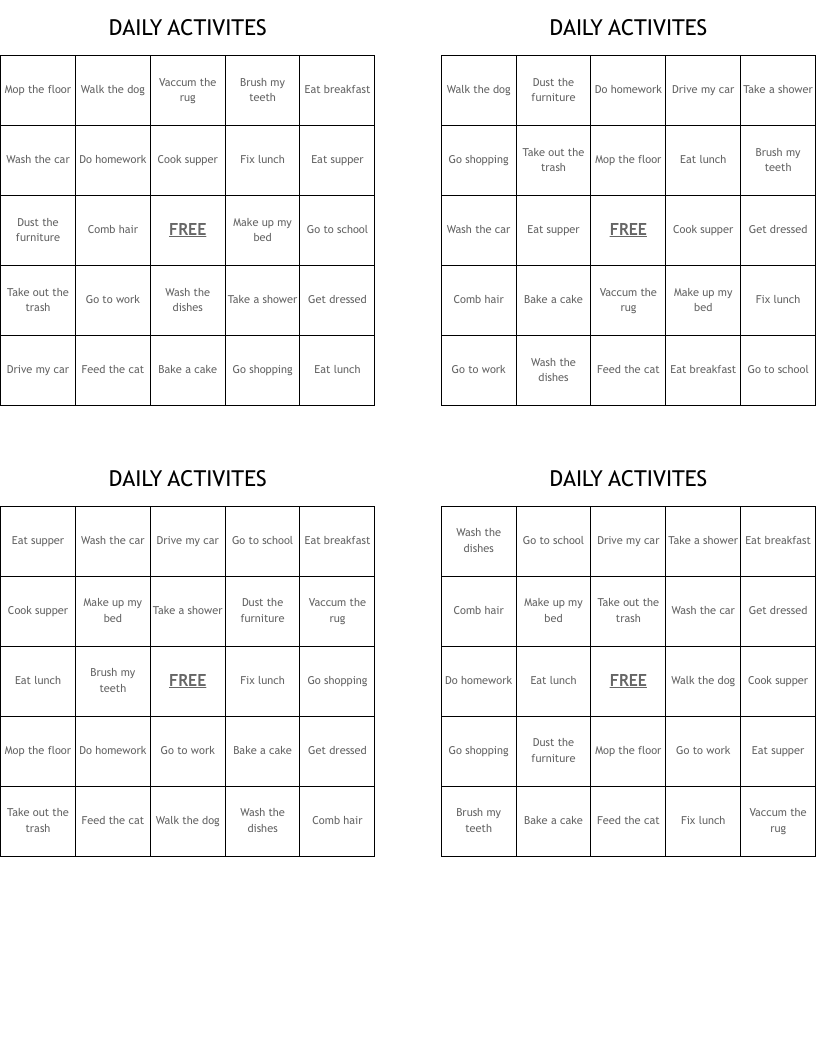 DAILY ACTIVITES Bingo Cards