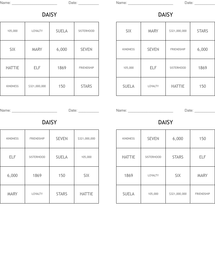 DAISY Bingo Cards