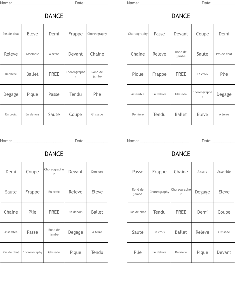 DANCE Bingo Cards