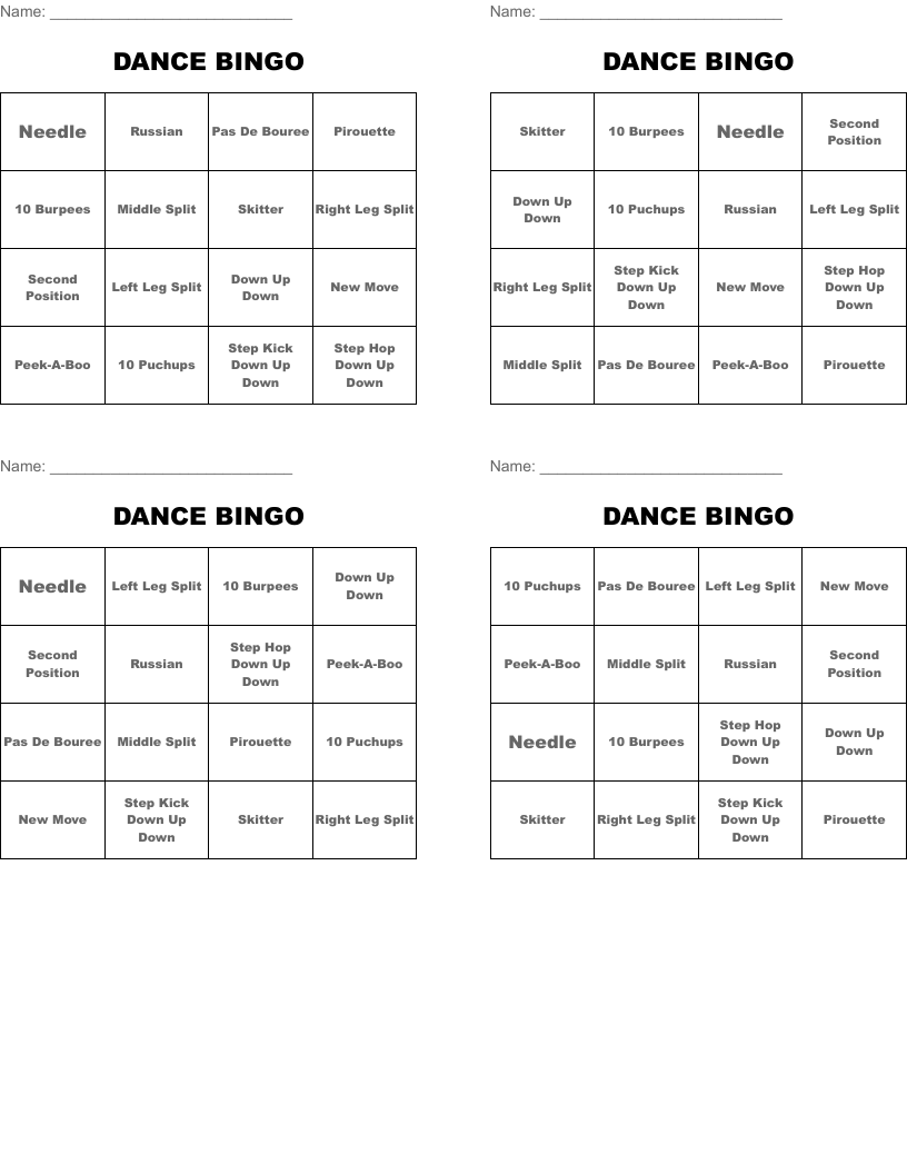 DANCE BINGO