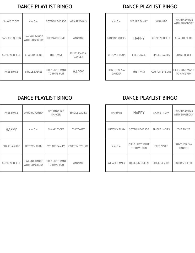 DANCE PLAYLIST BINGO