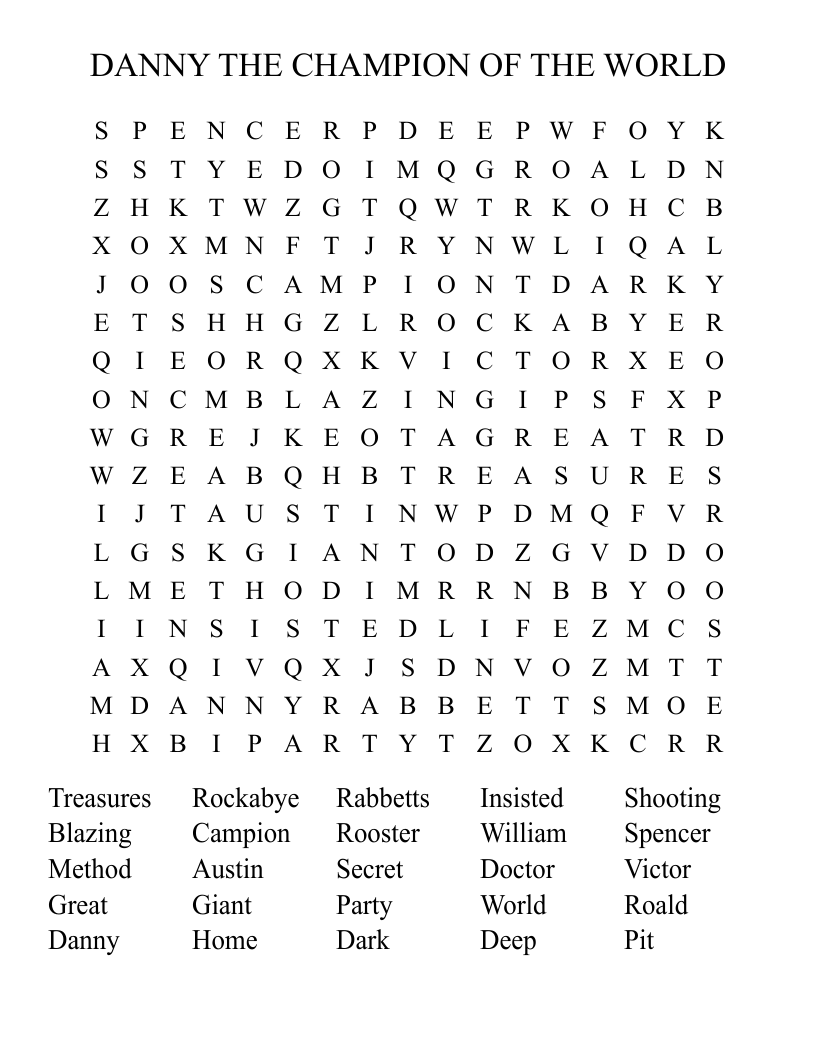 DANNY THE CHAMPION OF THE WORLD  Word Search