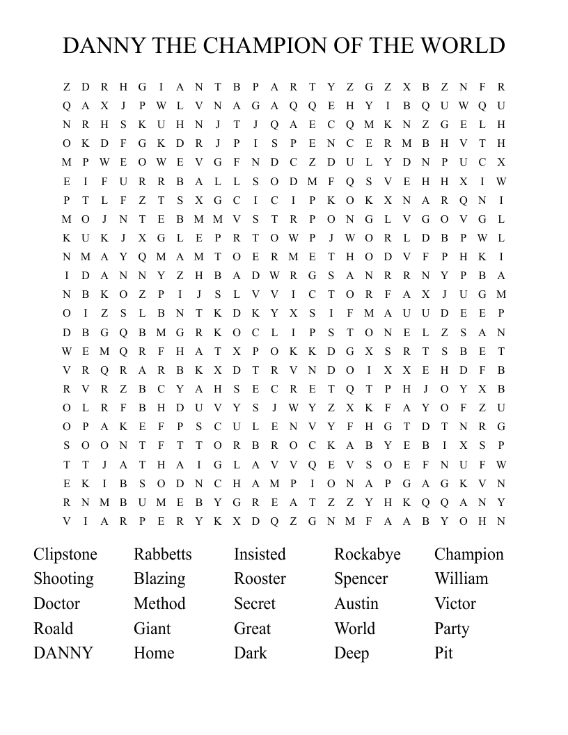 DANNY THE CHAMPION OF THE WORLD  Word Search
