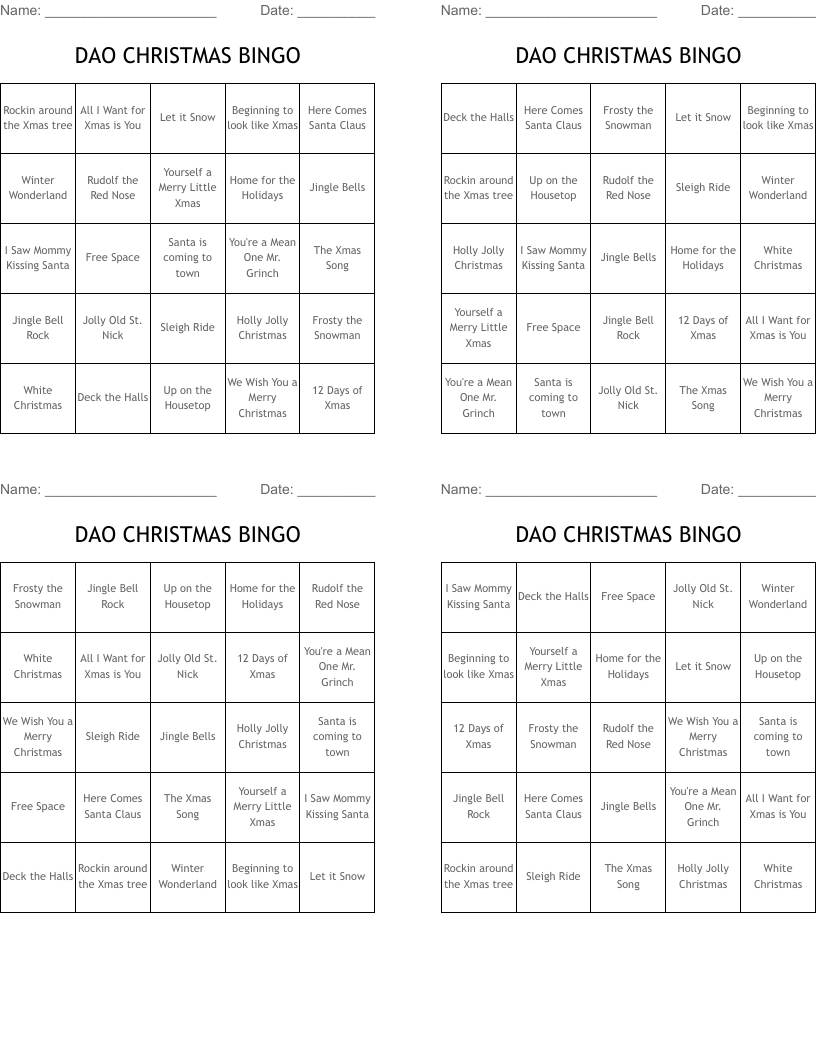 DAO CHRISTMAS BINGO