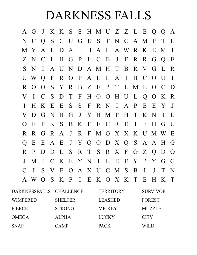 DARKNESS FALLS Word Search