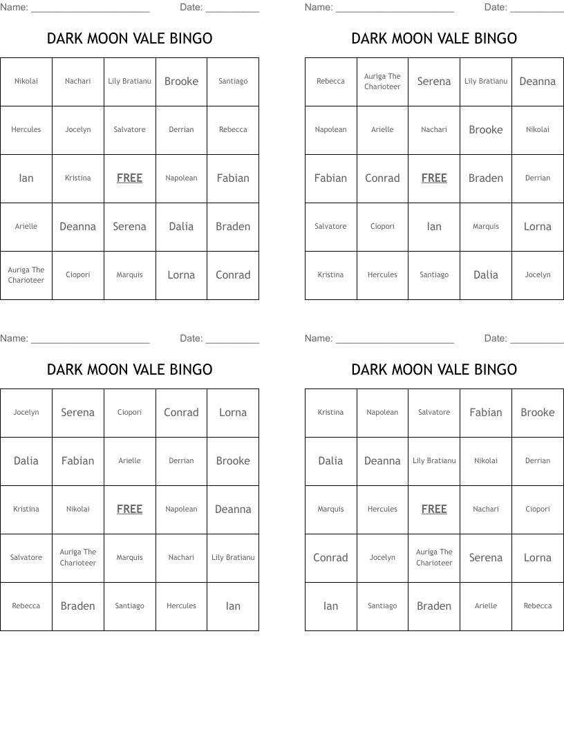 DARK MOON VALE BINGO