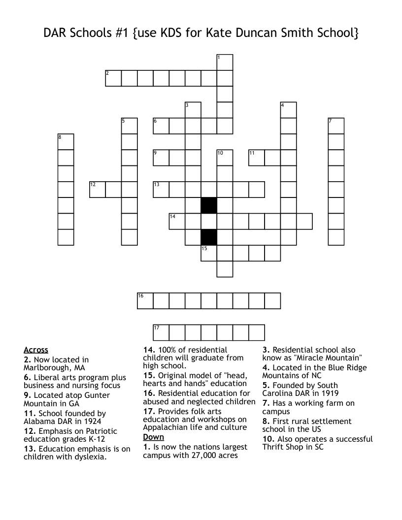 DAR Schools #1  {use KDS for Kate Duncan Smith School} Crossword