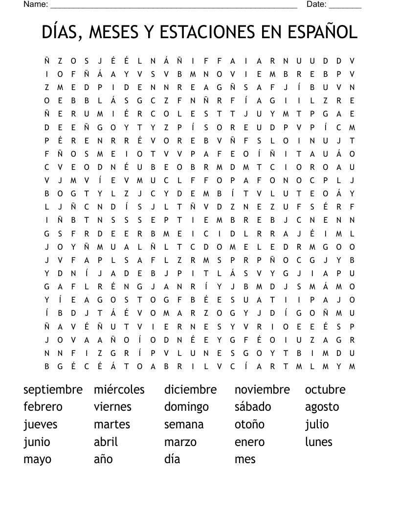 DÍAS, MESES Y ESTACIONES EN ESPAÑOL Word Search