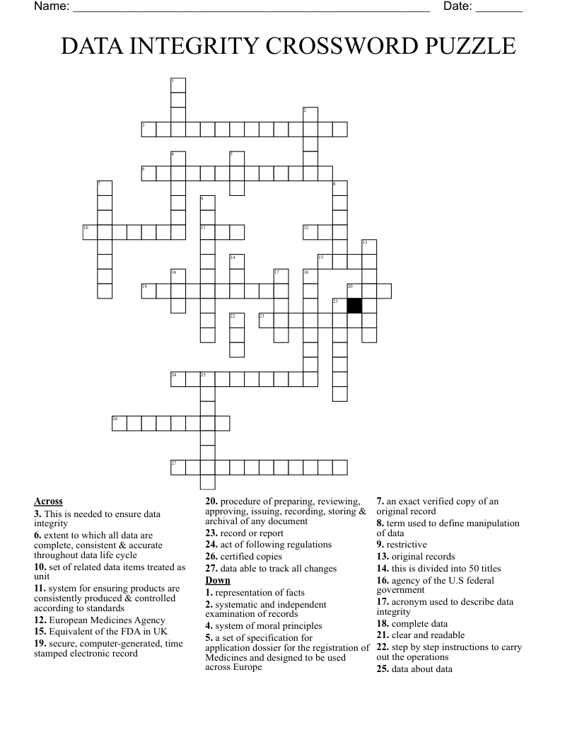 DATA INTEGRITY CROSSWORD PUZZLE