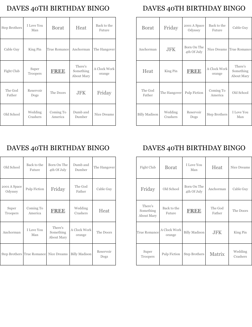 DAVES 40TH BIRTHDAY BINGO