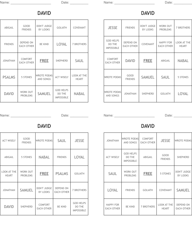 DAVID Bingo Cards