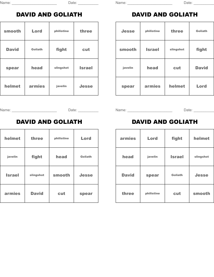 DAVID AND GOLIATH Bingo Cards