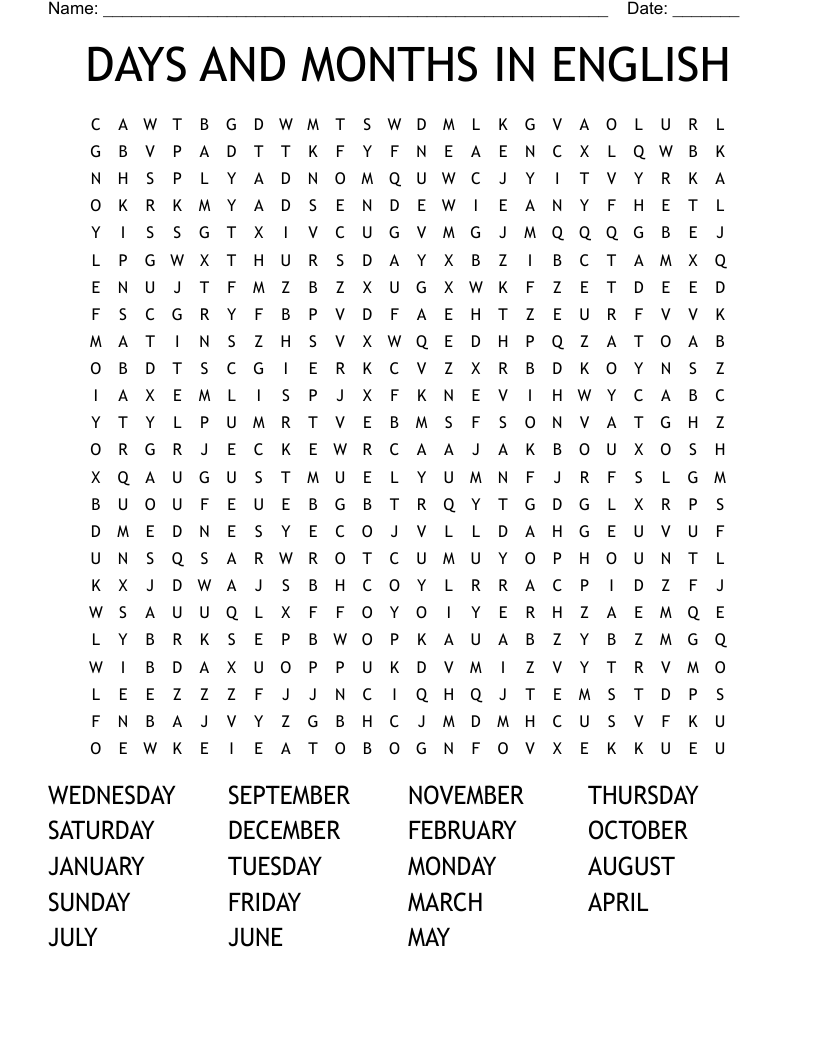 DAYS AND MONTHS IN ENGLISH Word Search