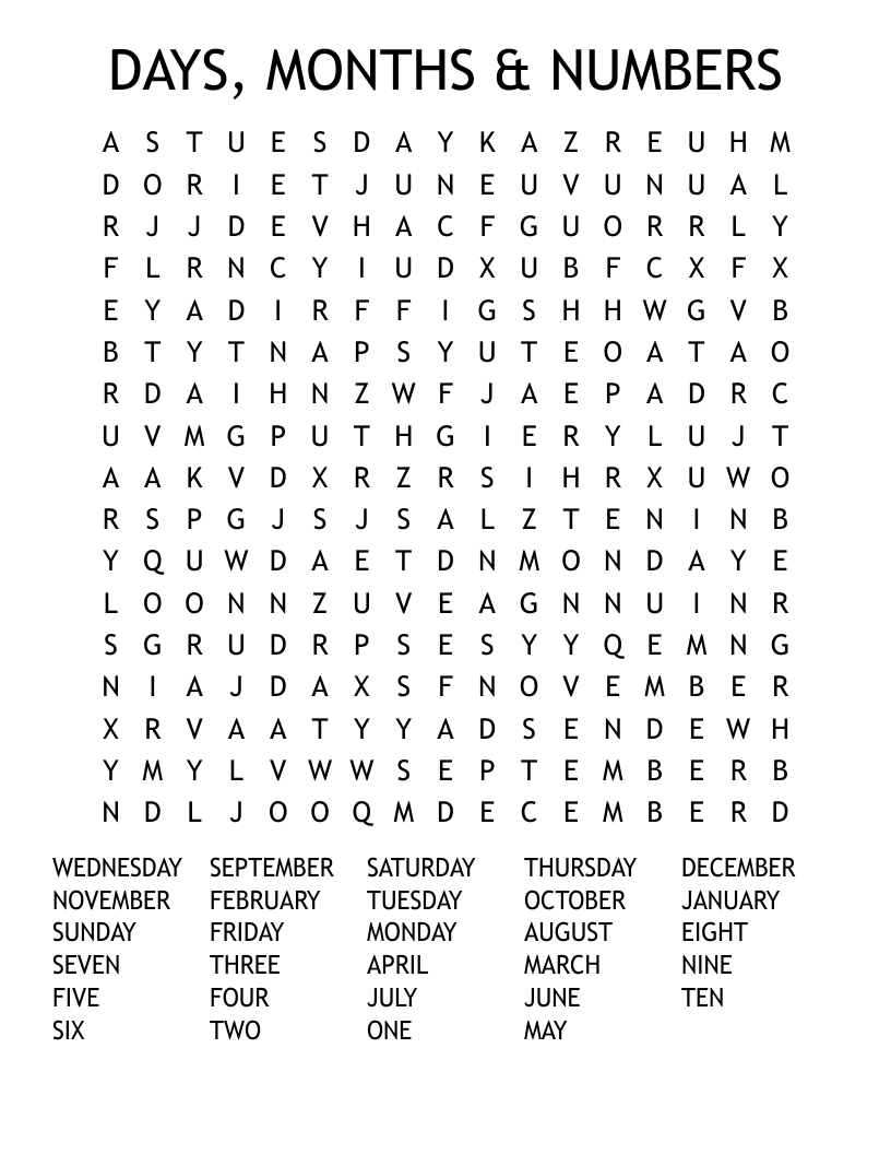 DAYS, MONTHS & NUMBERS Word Search