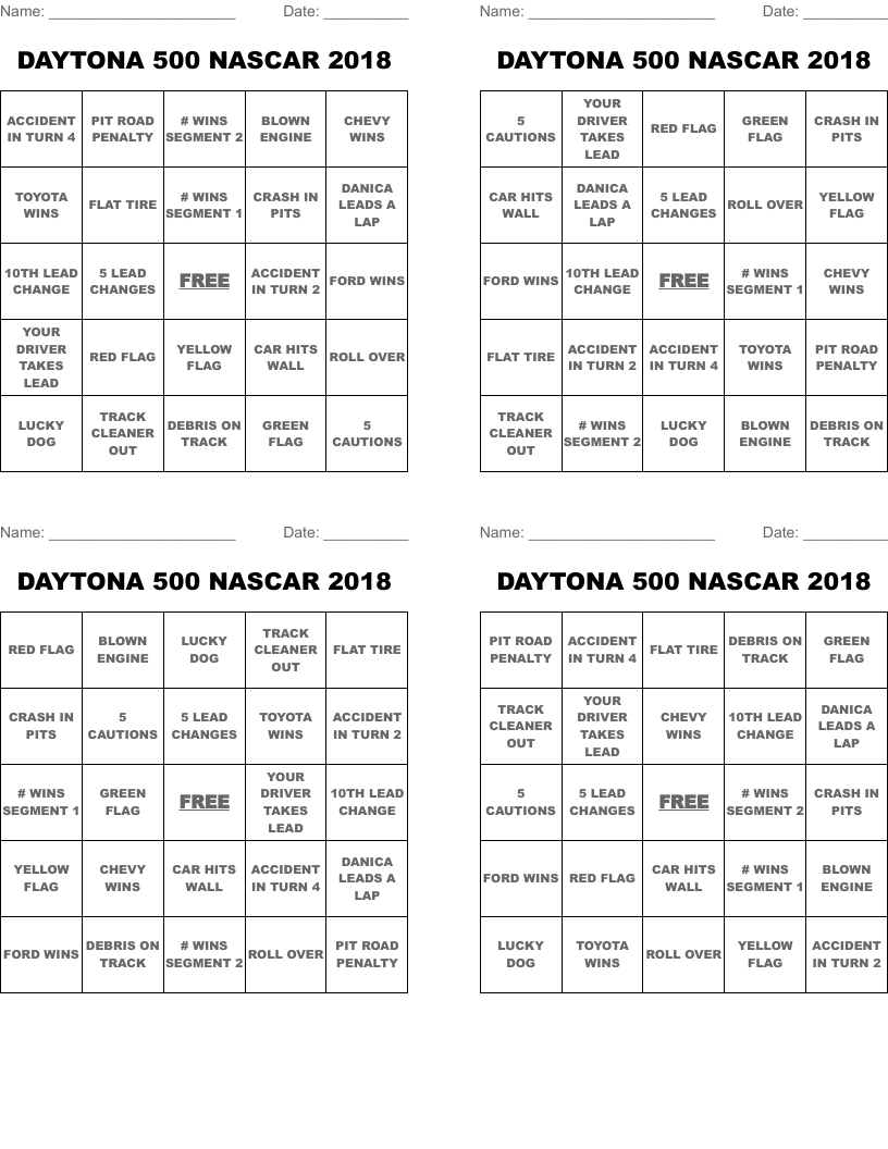 DAYTONA 500 NASCAR 2018 Bingo Cards