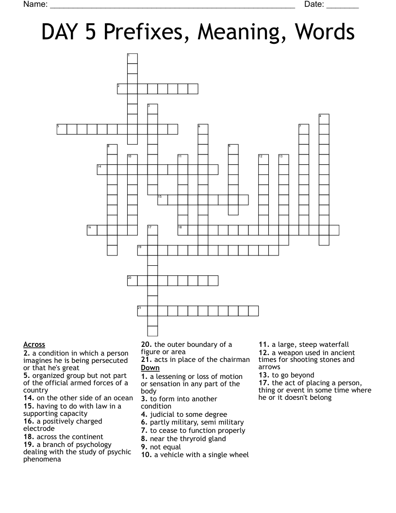 DAY 5 Prefixes, Meaning, Words Crossword