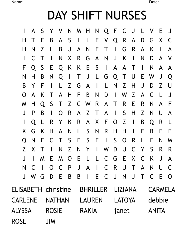 DAY SHIFT NURSES Word Search