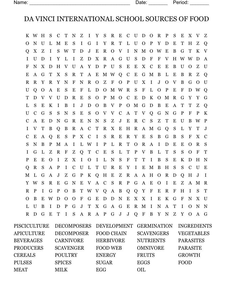 DA VINCI INTERNATIONAL SCHOOL SOURCES OF FOOD Word Search