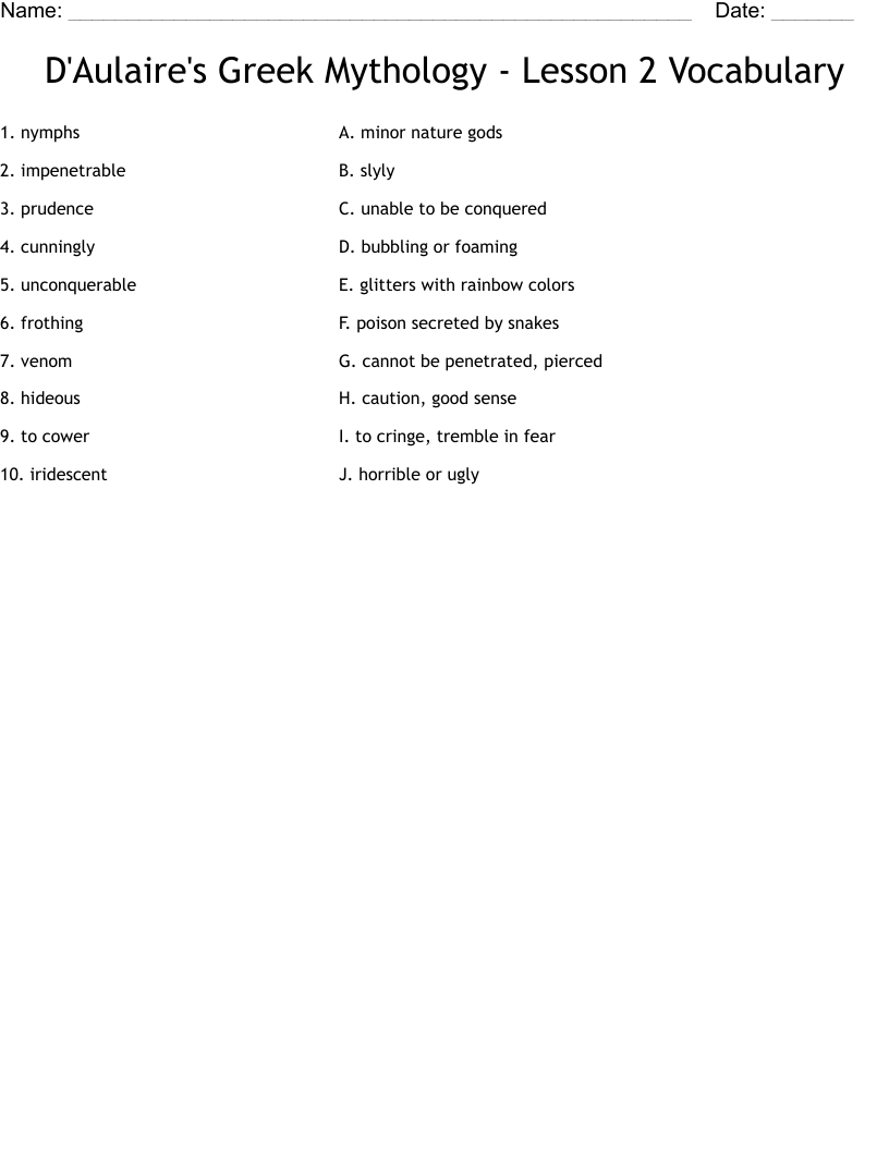 D'Aulaire's Greek Mythology - Lesson 2 Vocabulary Worksheet