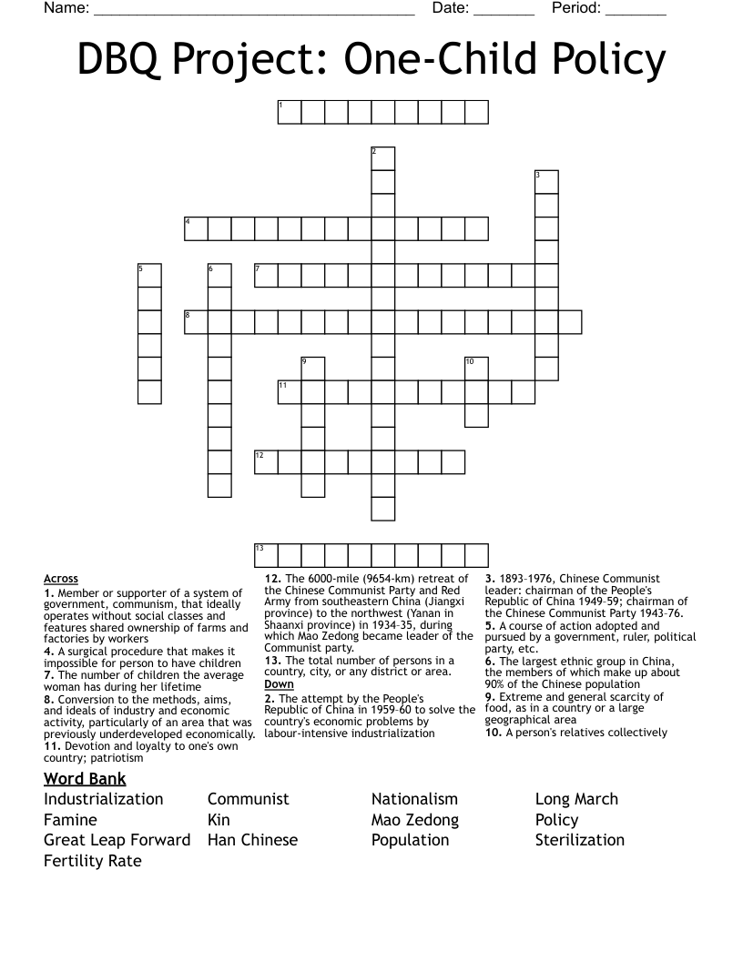 DBQ Project: One-Child Policy Crossword