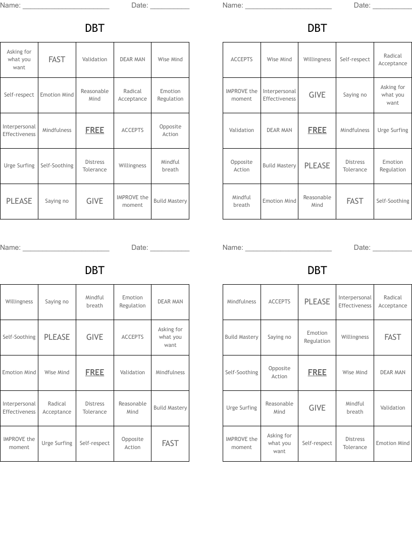 DBT Bingo Cards