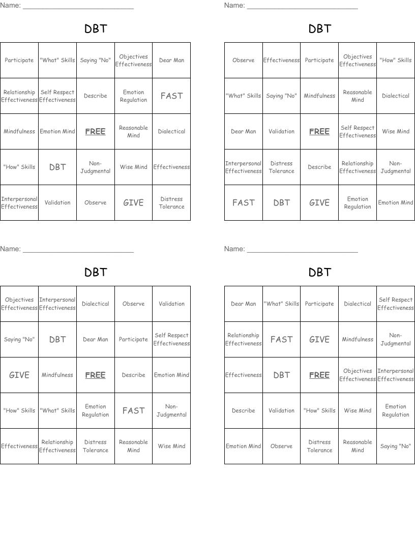 DBT Bingo Cards