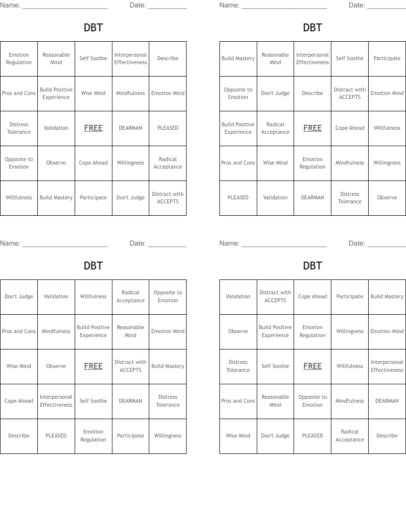 DBT Bingo Cards