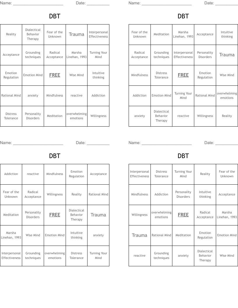 DBT Bingo Cards
