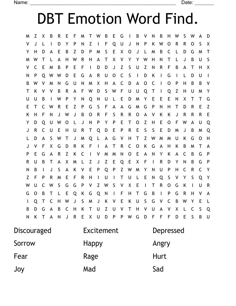 DBT Emotion Word Find. Word Search