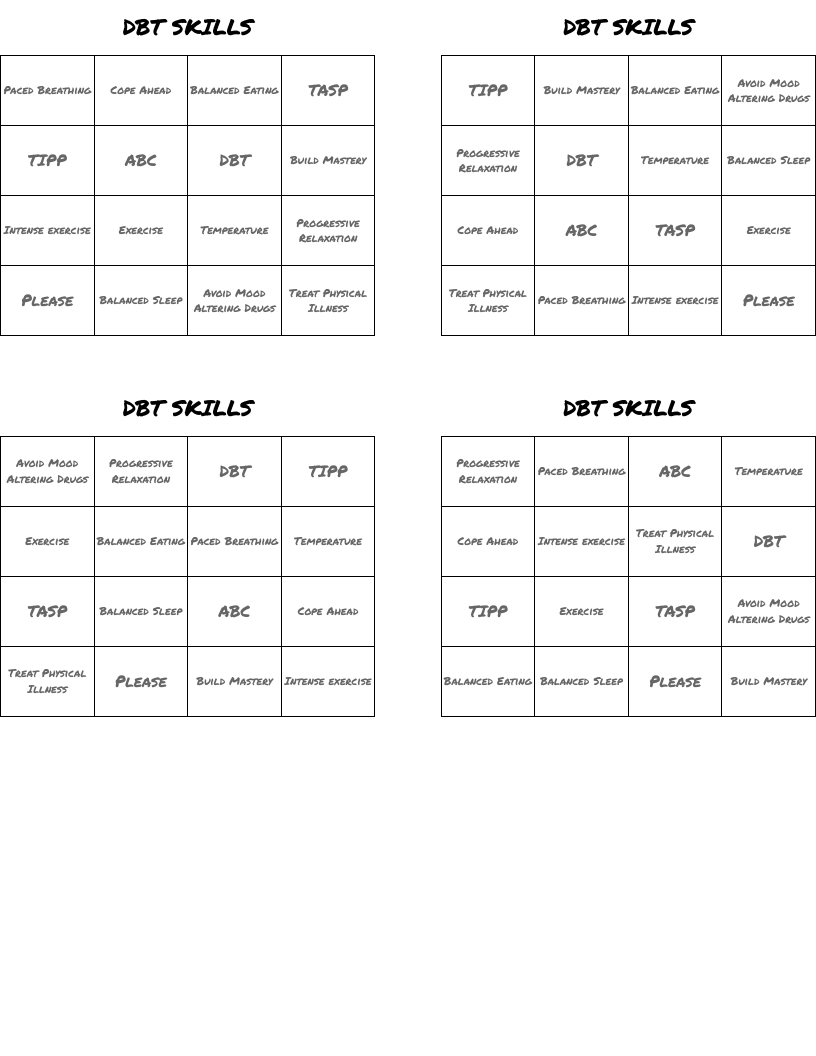 DBT SKILLS Bingo Cards