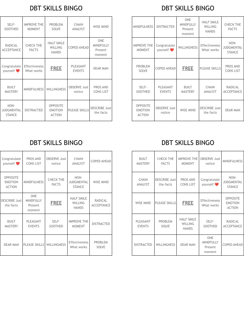 DBT SKILLS BINGO