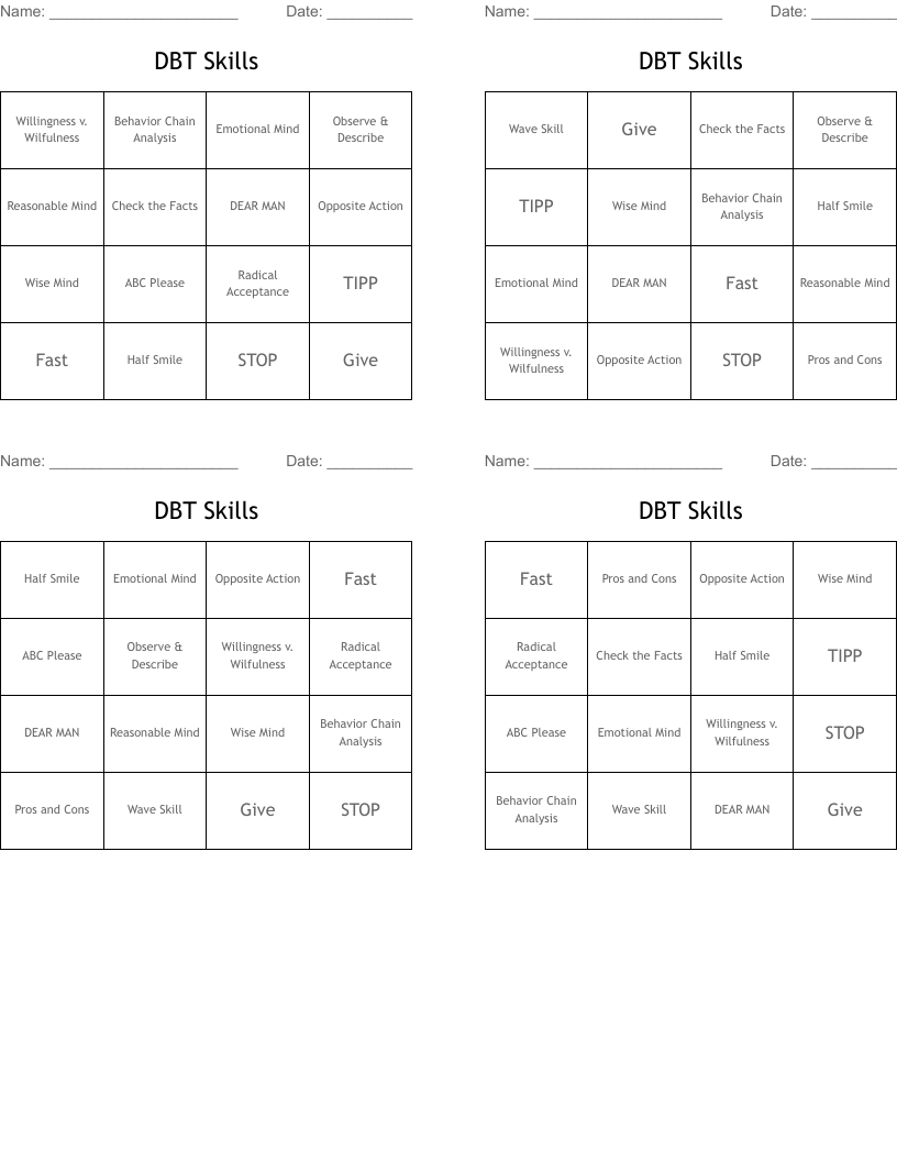 DBT Skills Bingo Cards
