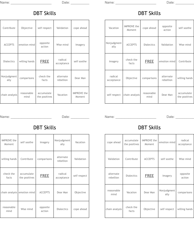 DBT Skills  Bingo Cards
