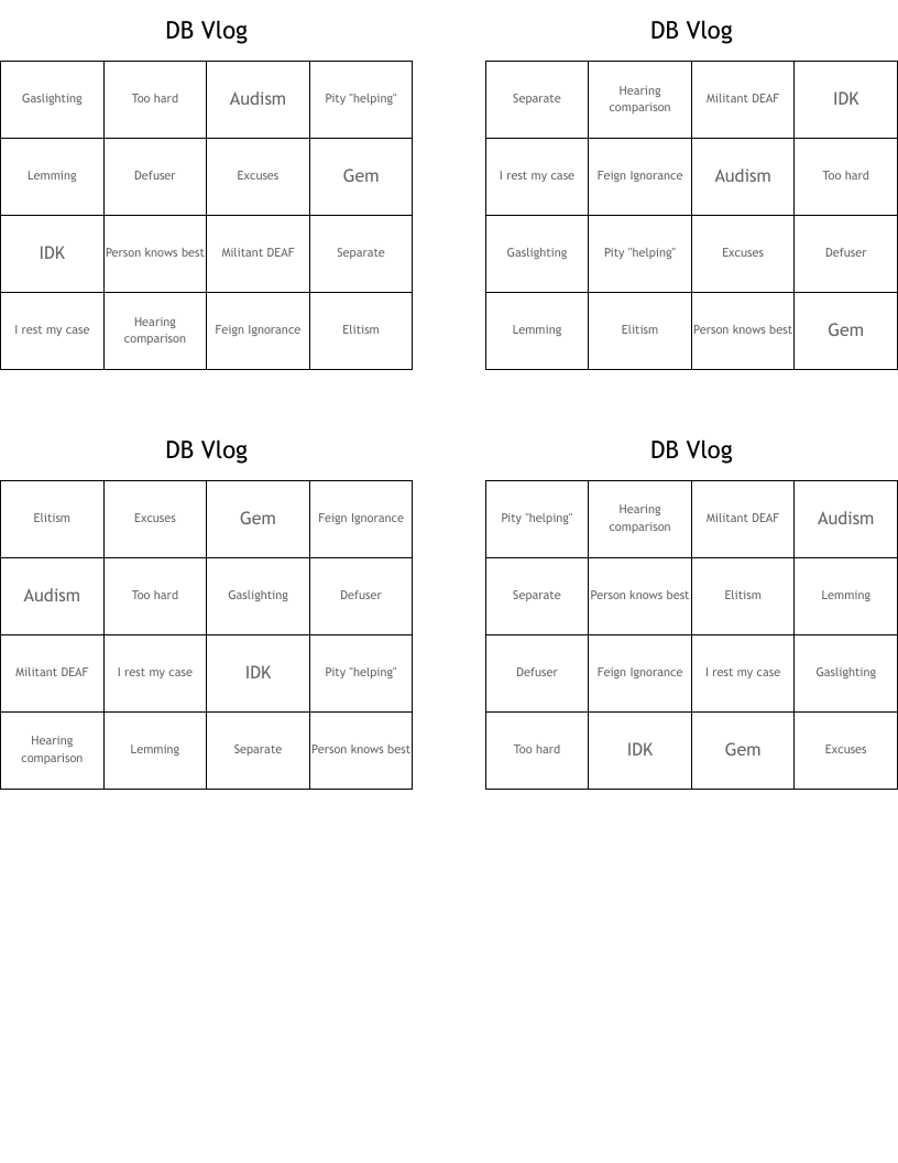 DB Vlog Bingo Cards