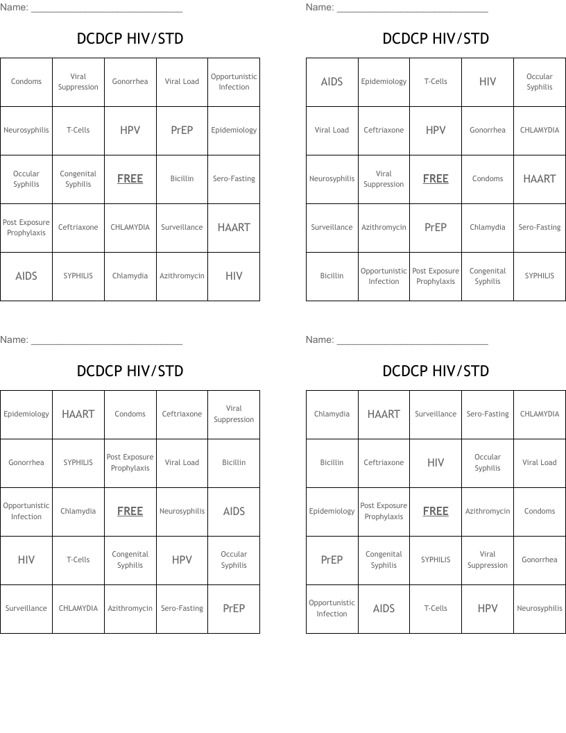 DCDCP HIV/STD Bingo Cards