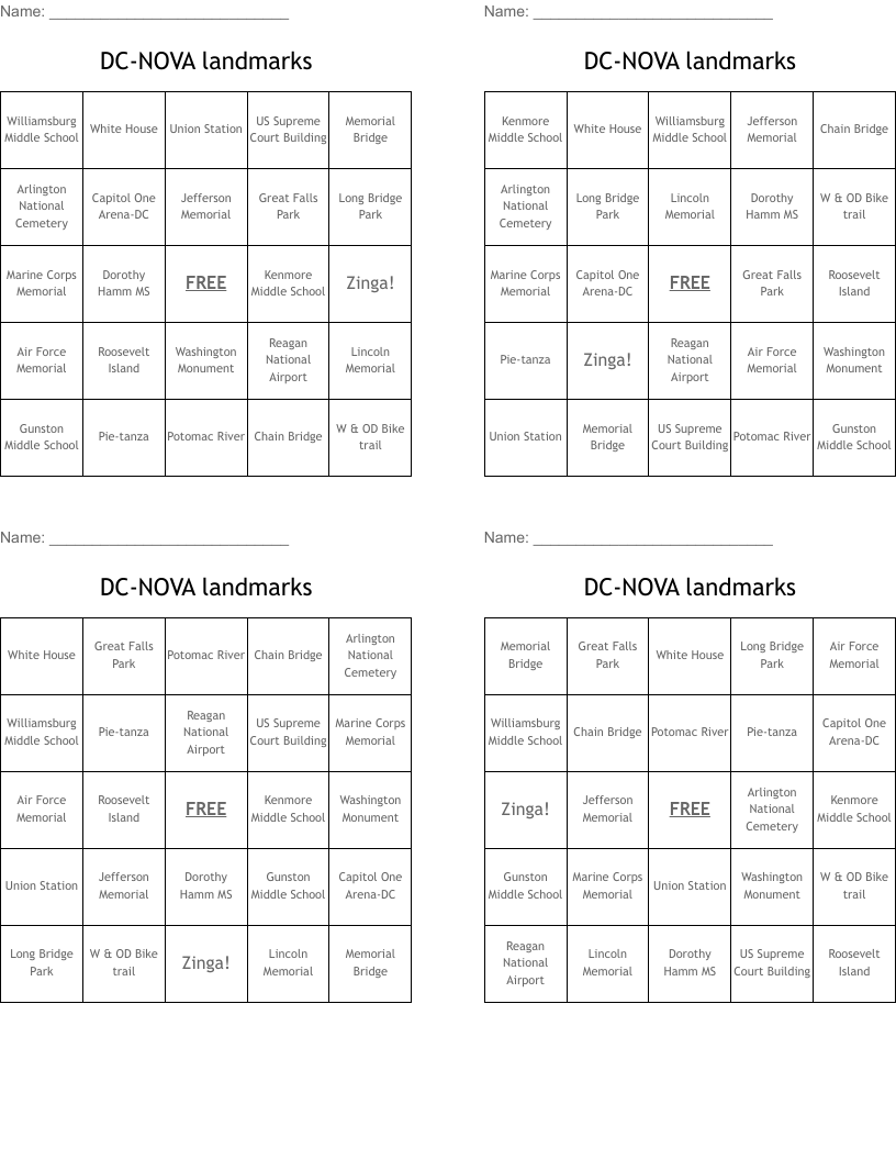 DC-NOVA landmarks Bingo Cards