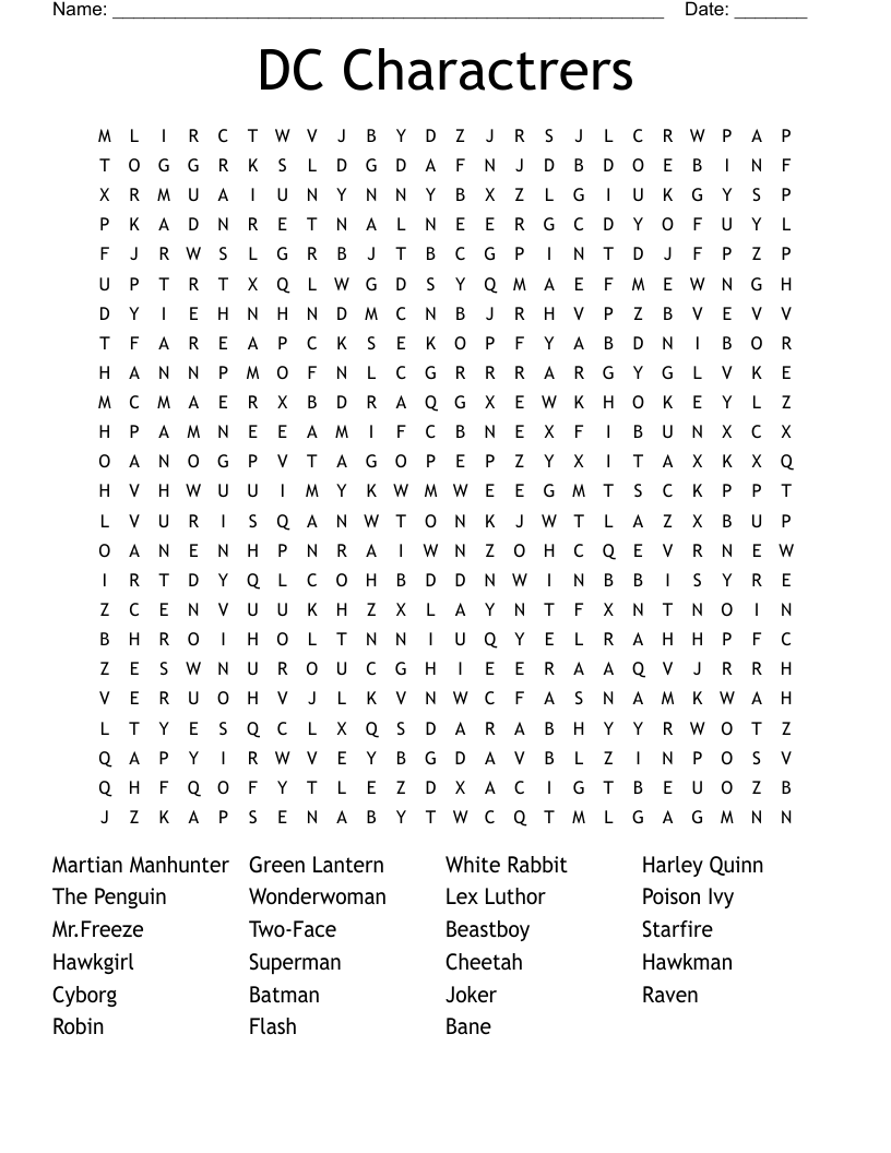 DC Charactrers Word Search