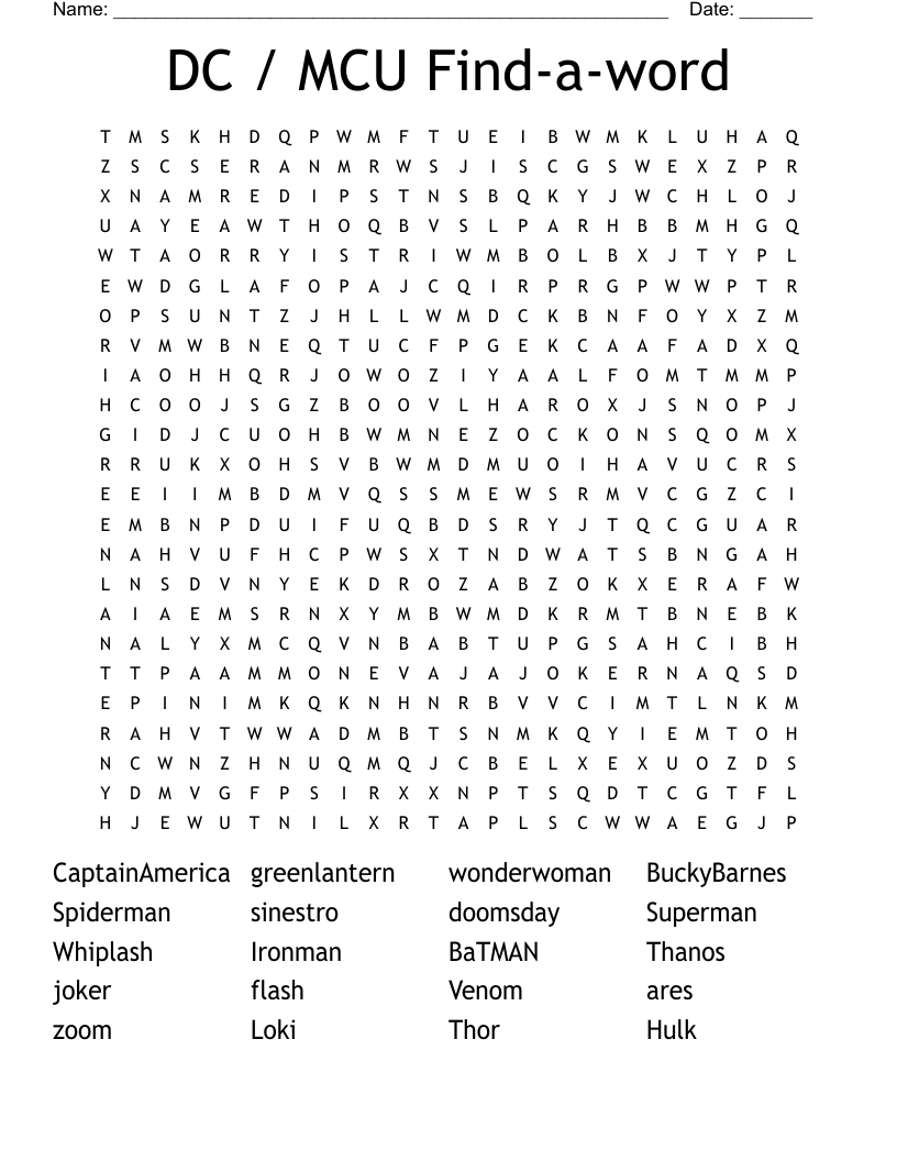 DC / MCU Find-a-word Word Search
