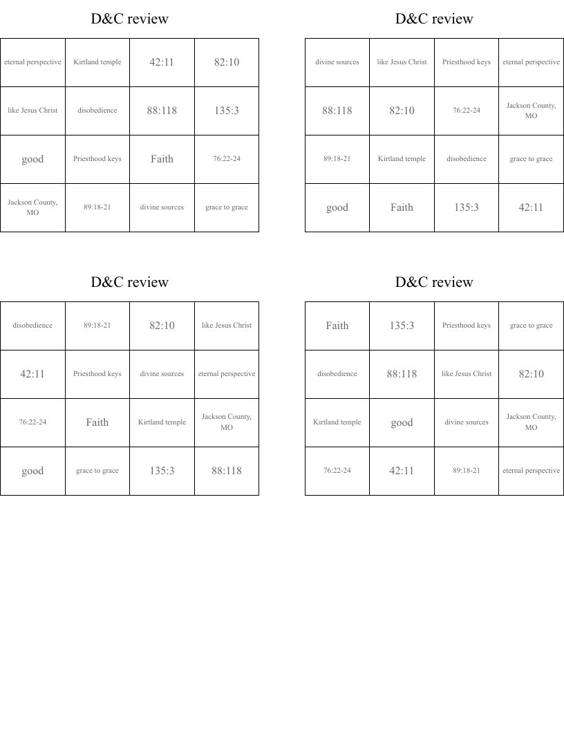 D&C  review Bingo Cards