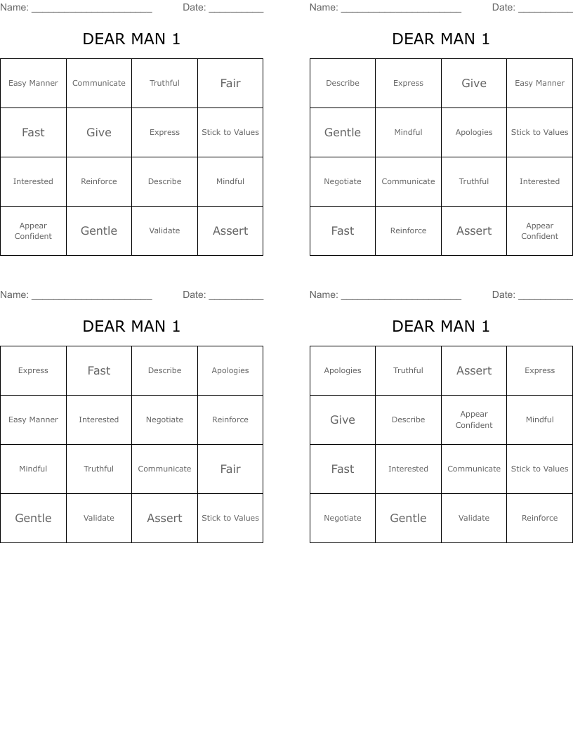DEAR MAN 1 Bingo Cards