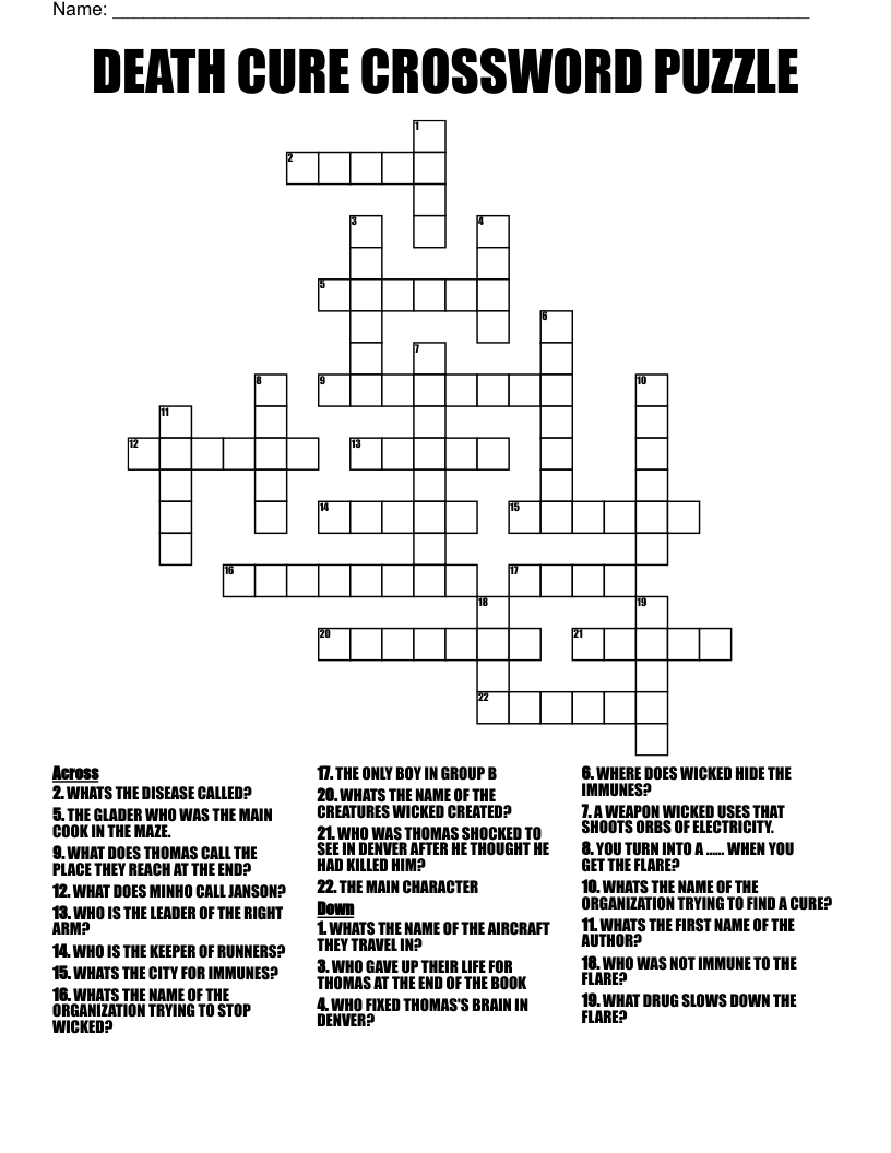 DEATH CURE CROSSWORD PUZZLE