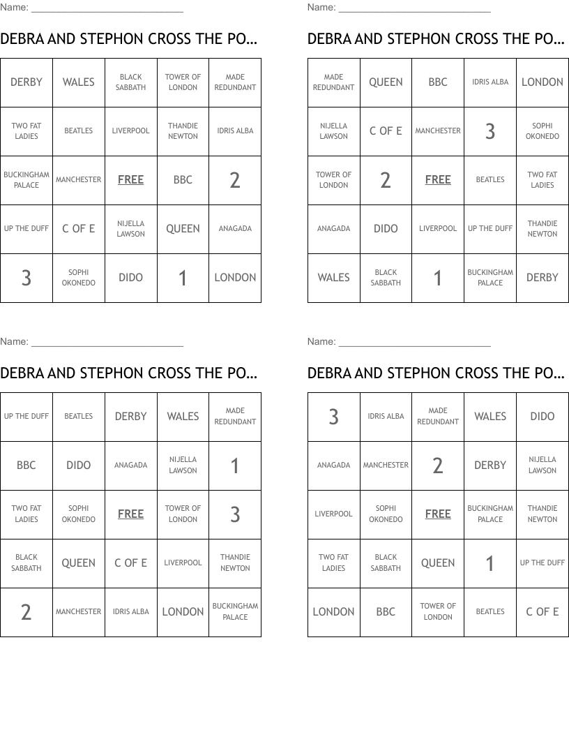DEBRA AND STEPHON CROSS THE POND Bingo Cards