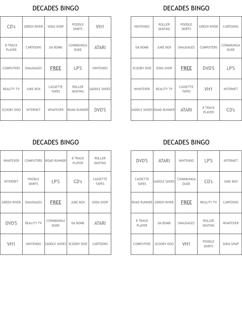 DECADES BINGO