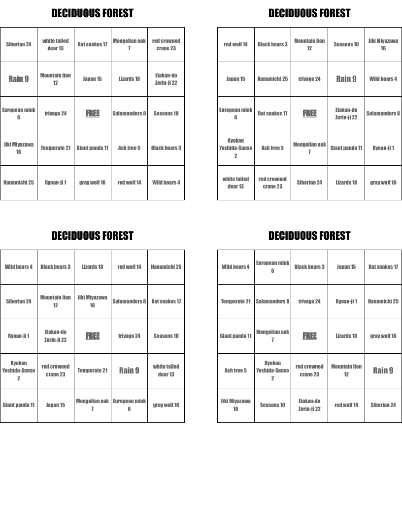 DECIDUOUS FOREST Bingo Cards