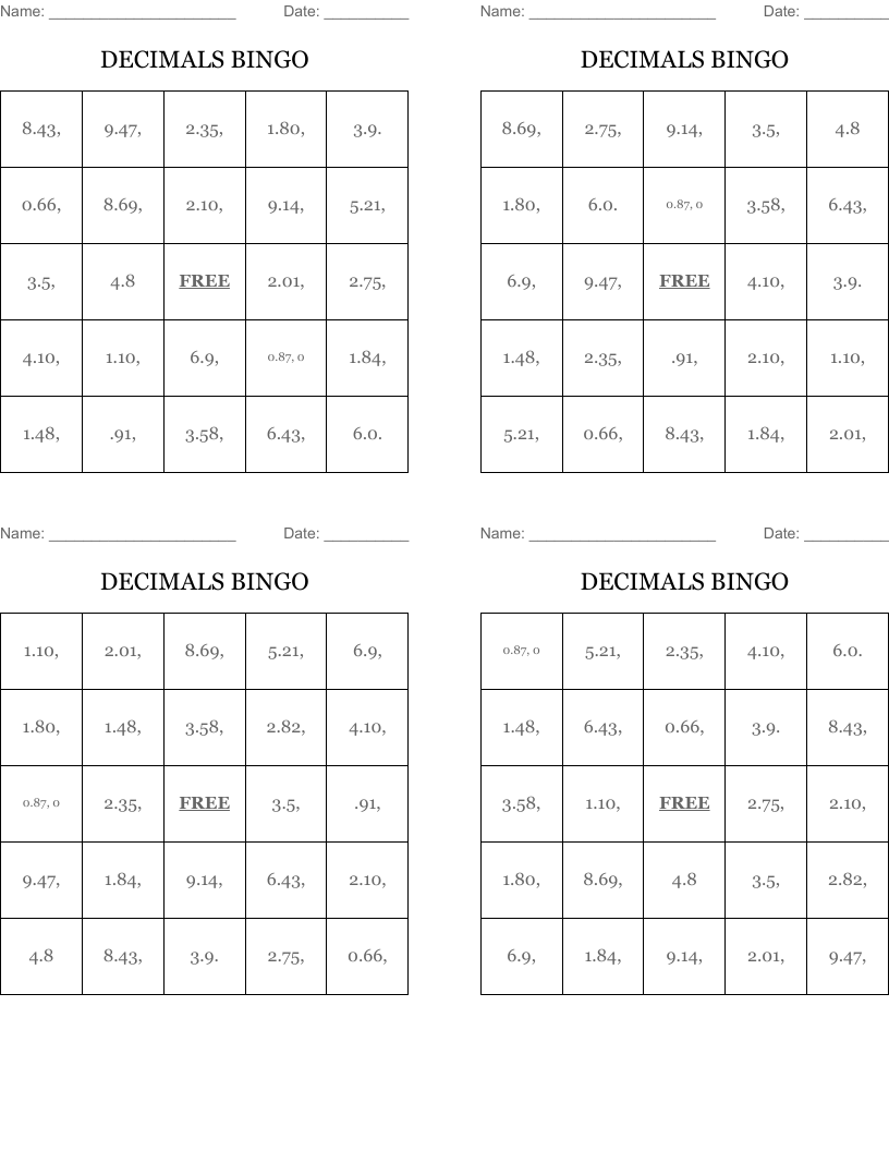 DECIMALS BINGO
