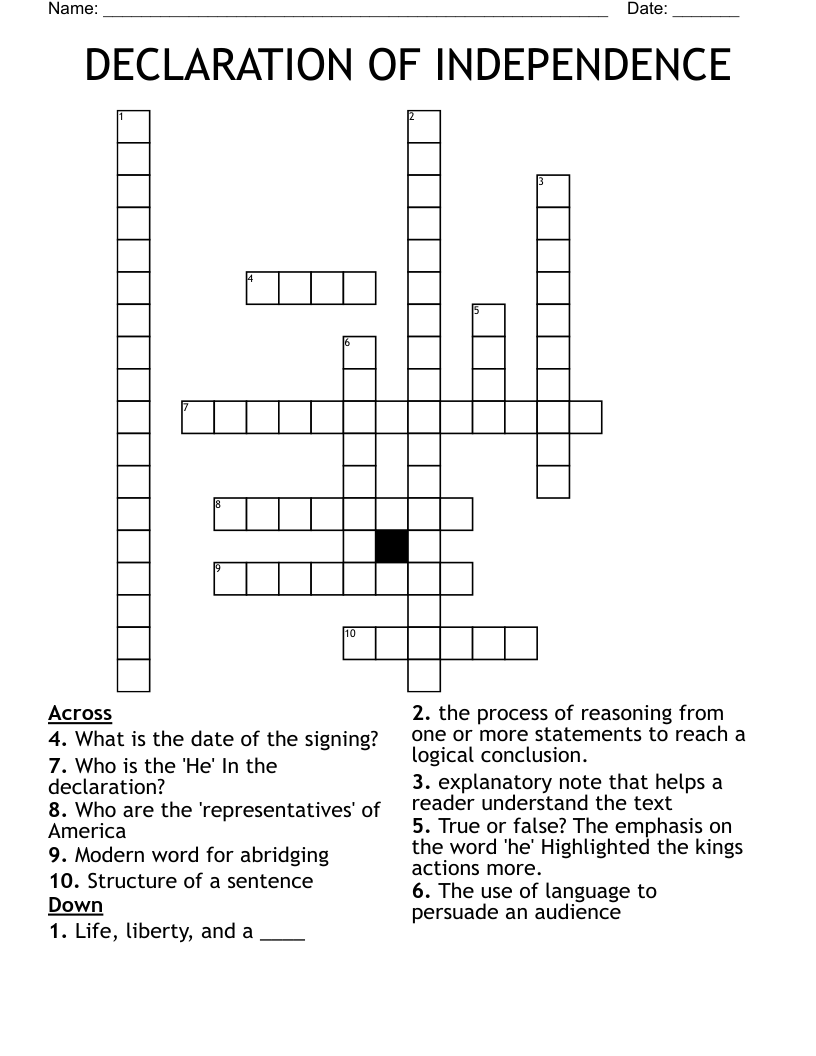 DECLARATION OF INDEPENDENCE Crossword